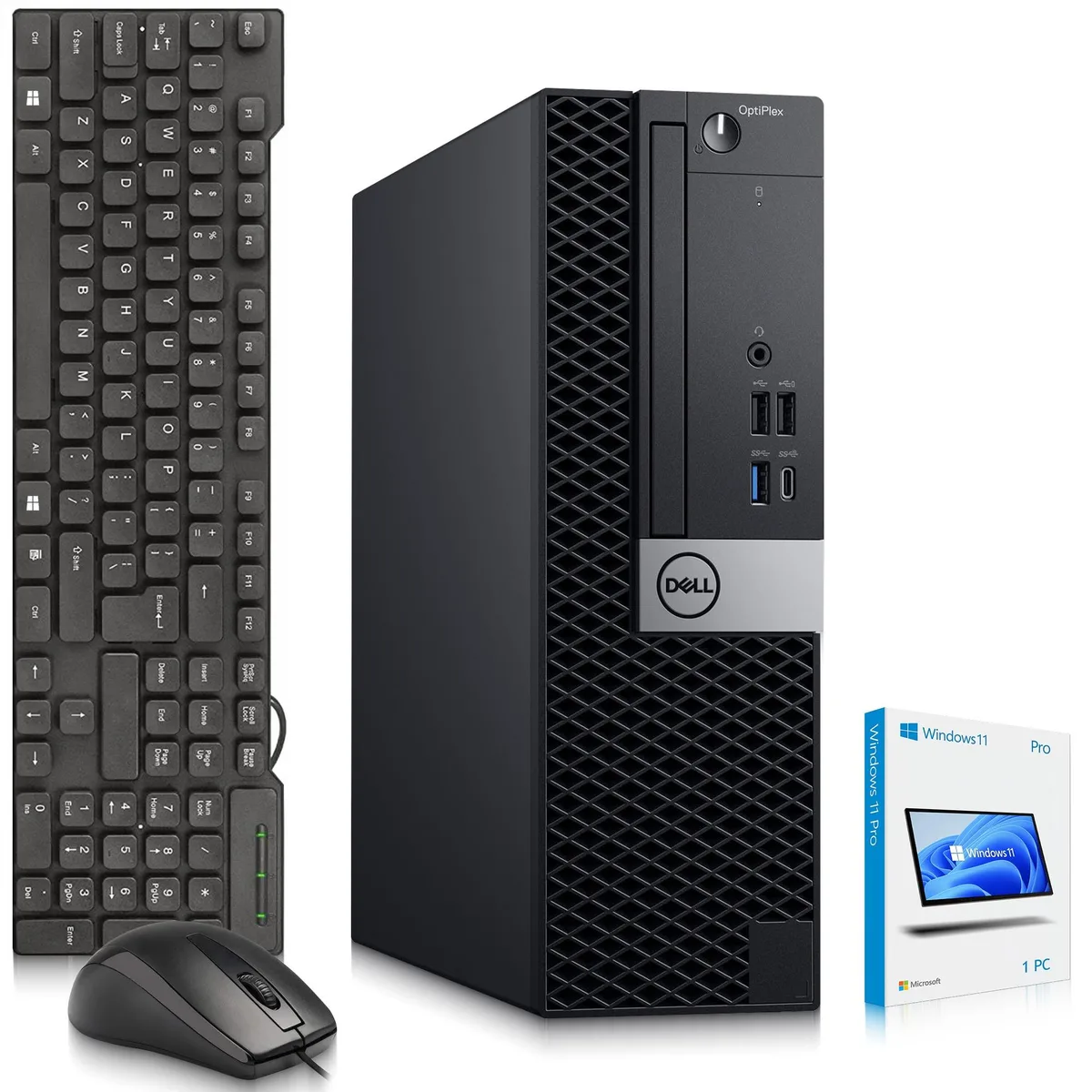 Small black Dell OptiPlex 7070 desktop tower with keyboard and mouse