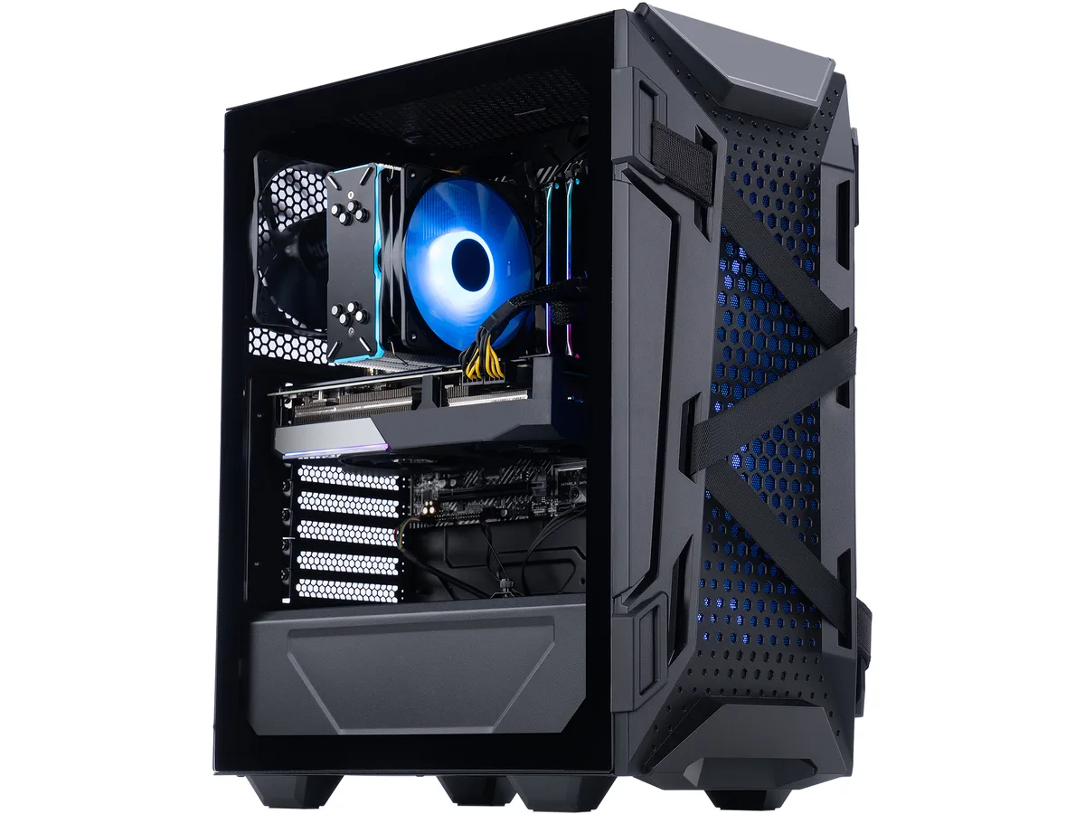 Black mid-tower case with RGB fans visible through glass side panel