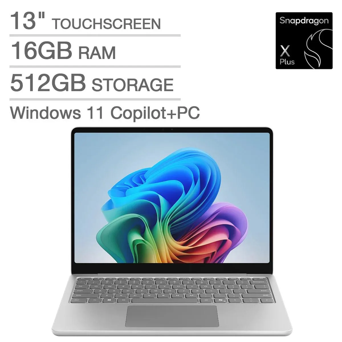 Thin silver 13 inch laptop with touchscreen display and backlit keyboard