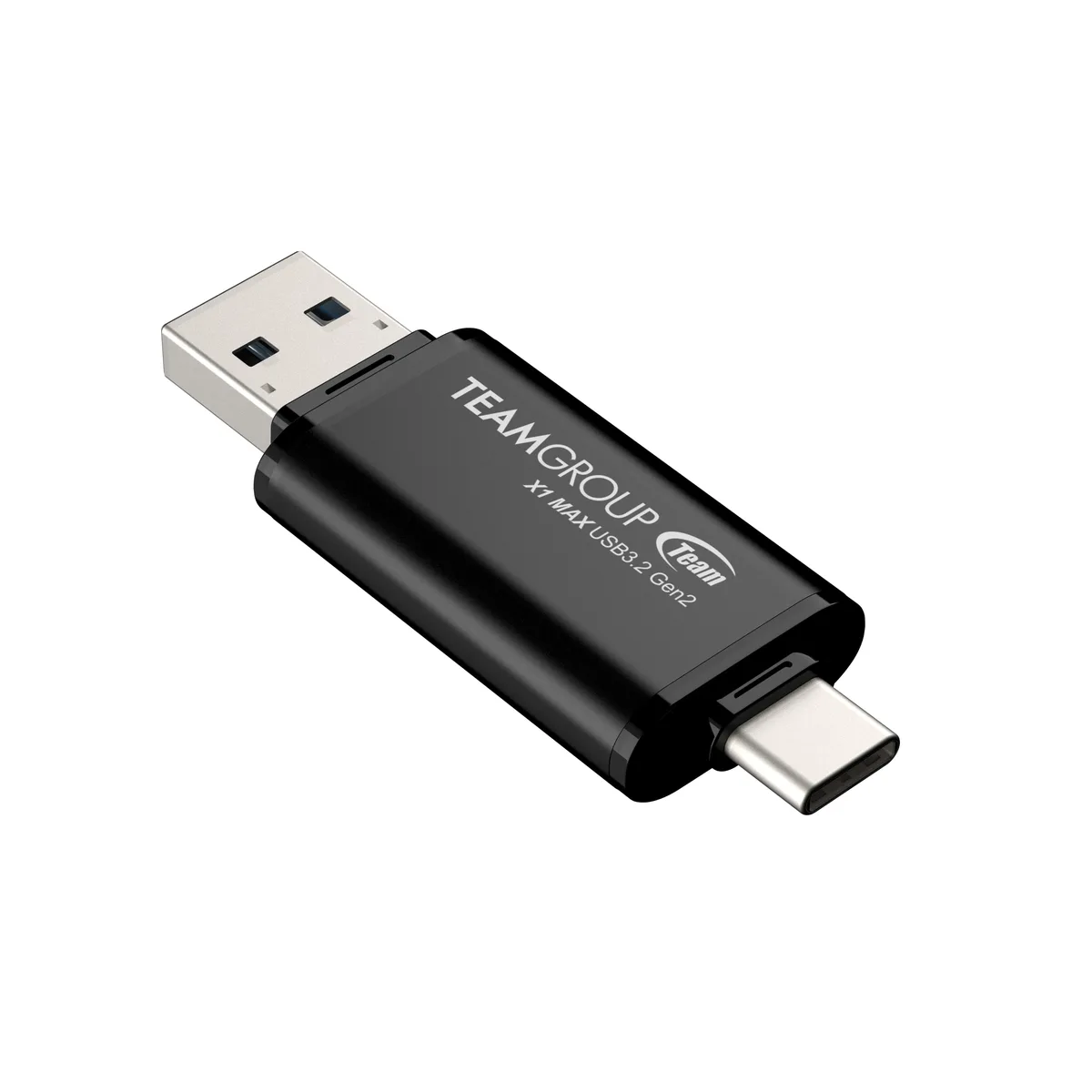 Black USB flash drive with dual Type-C and Type-A connectors, sandblasted aluminium finish, 6.3 cm long
