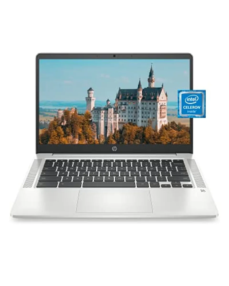 Silver HP Chromebook 14 laptop with 14 inch HD micro edge display and backlit keyboard