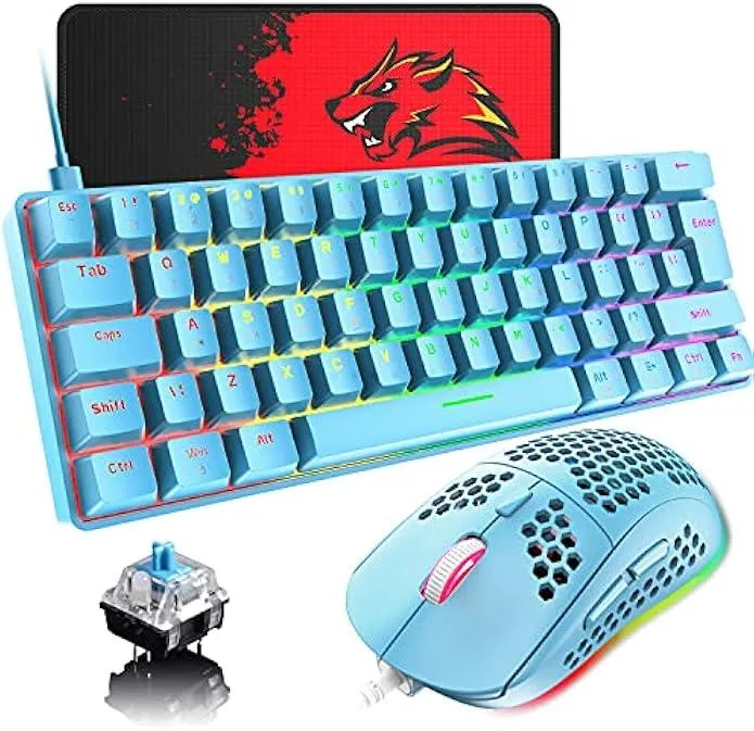 Compact 60 percent mechanical keyboard with blue switches, rainbow LED backlight, honeycomb mouse and mouse pad