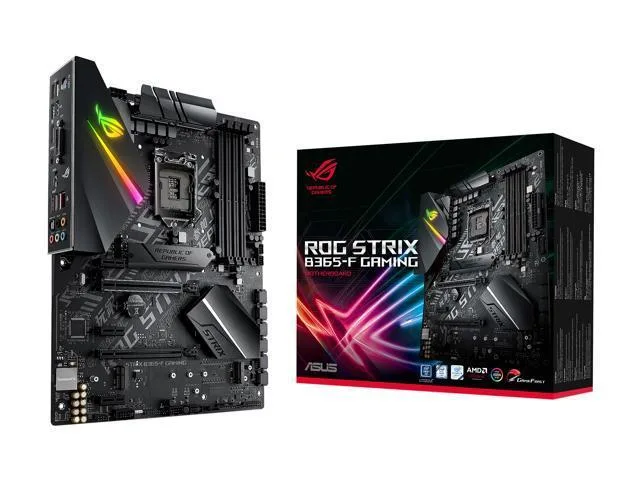 Black ATX motherboard with grey heatsinks and RGB lighting accents