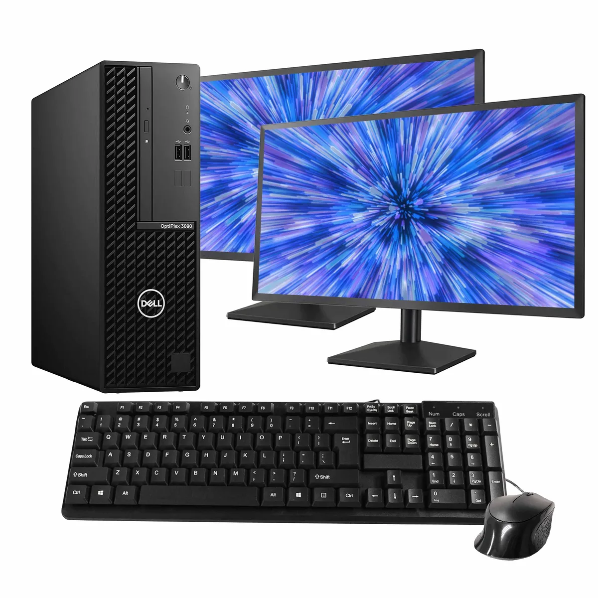 Black Dell OptiPlex 3090 desktop tower with two 24 inch monitors keyboard and mouse