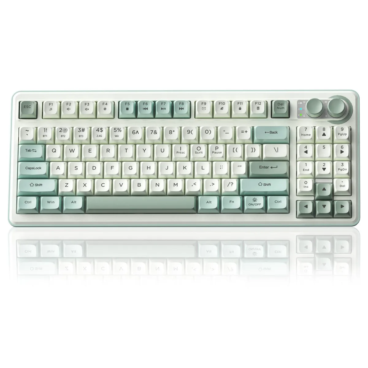 Compact black 75% gaming keyboard with dual control knobs and RGB lighting