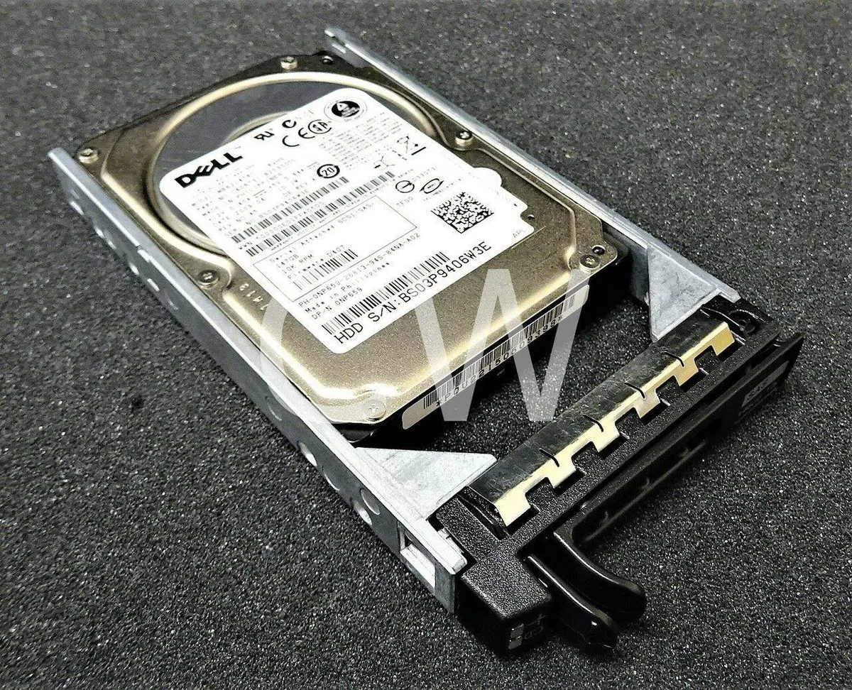 A silver 2.5 inch SAS hard drive in a black caddy tray