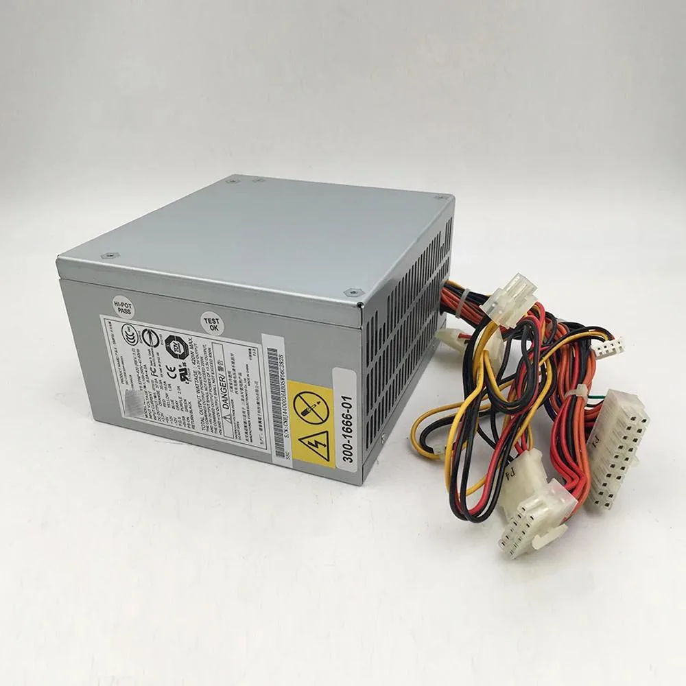 Rectangular silver ATX server power supply unit with ventilation grille and power socket