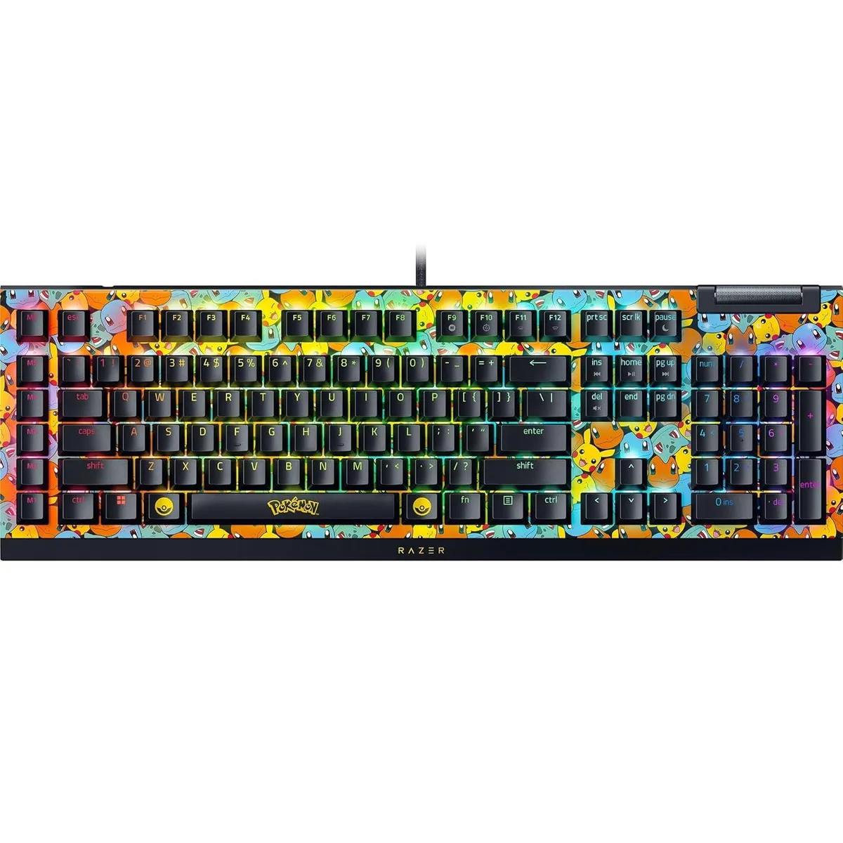 Full-size mechanical keyboard with Pokemon-themed keycaps and RGB lighting