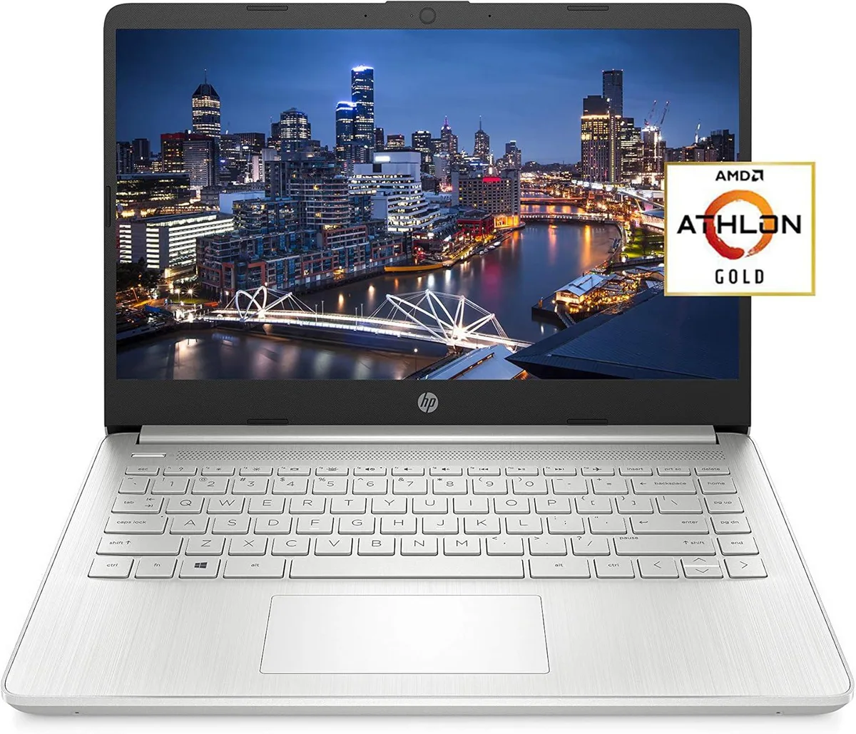 Silver HP 14-inch laptop, thin bezels, compact keyboard, webcam above screen