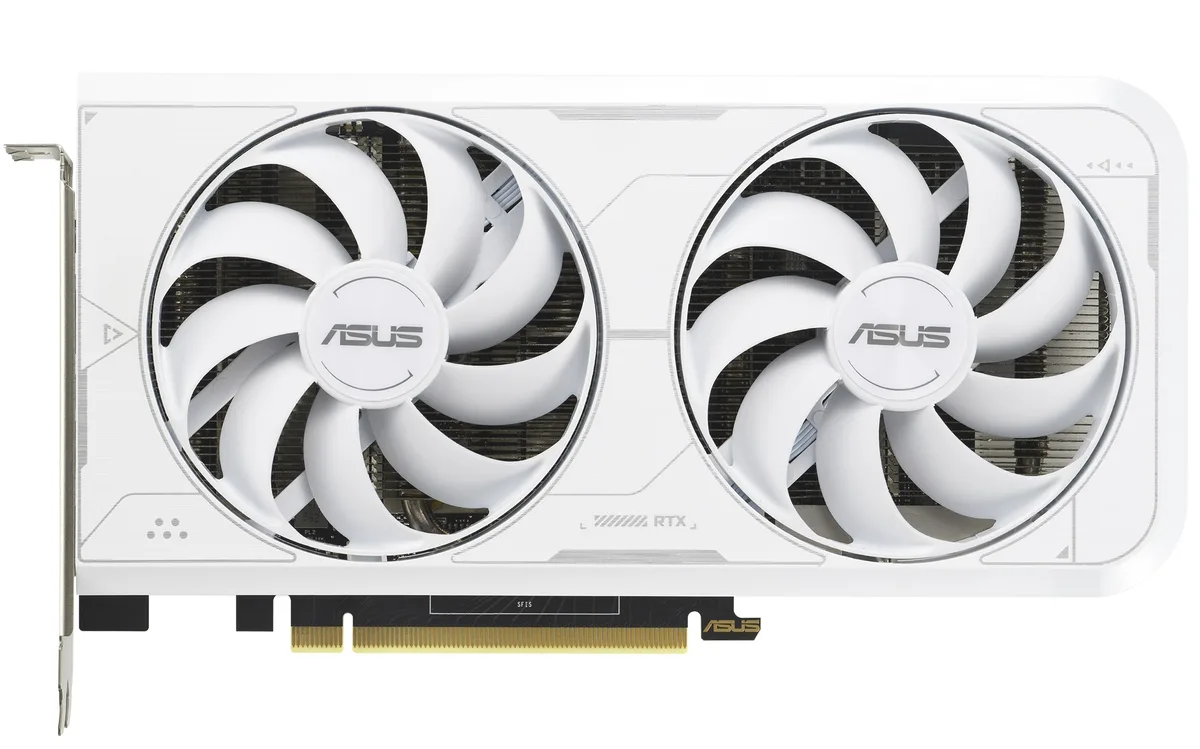 White dual-fan graphics card with silver accents, two-slot ATX form factor