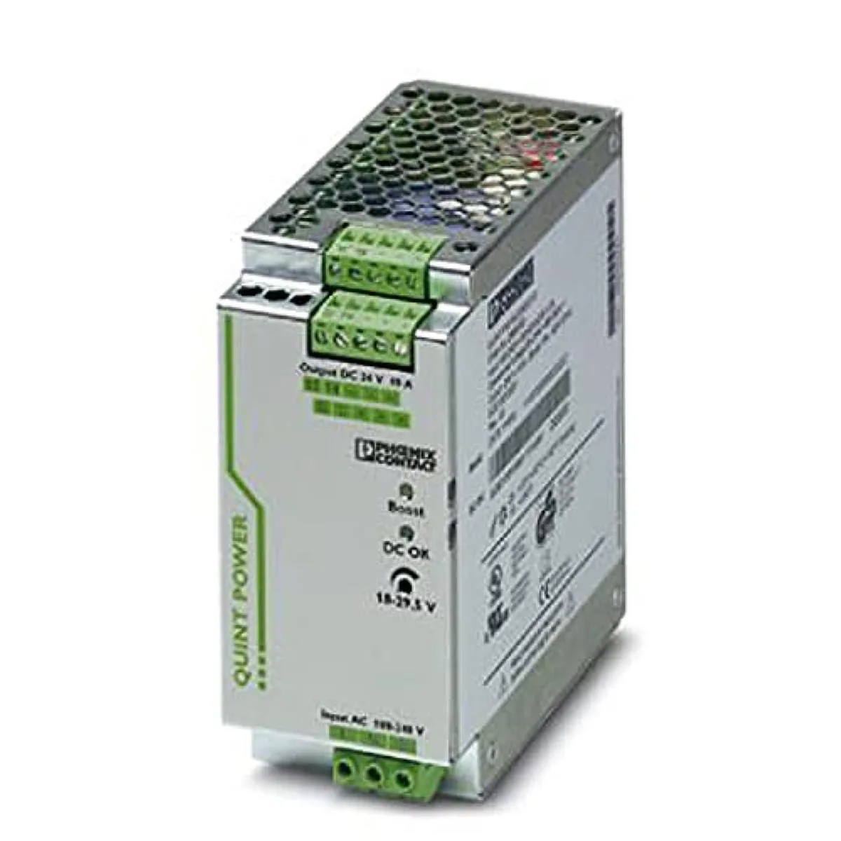 Rectangular grey metal power supply unit 125 by 60 by 130 millimeters