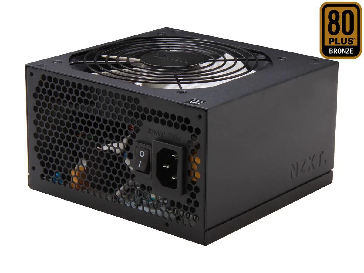 Rectangular ATX power supply in matte black with single fan grille and fixed cables visible
