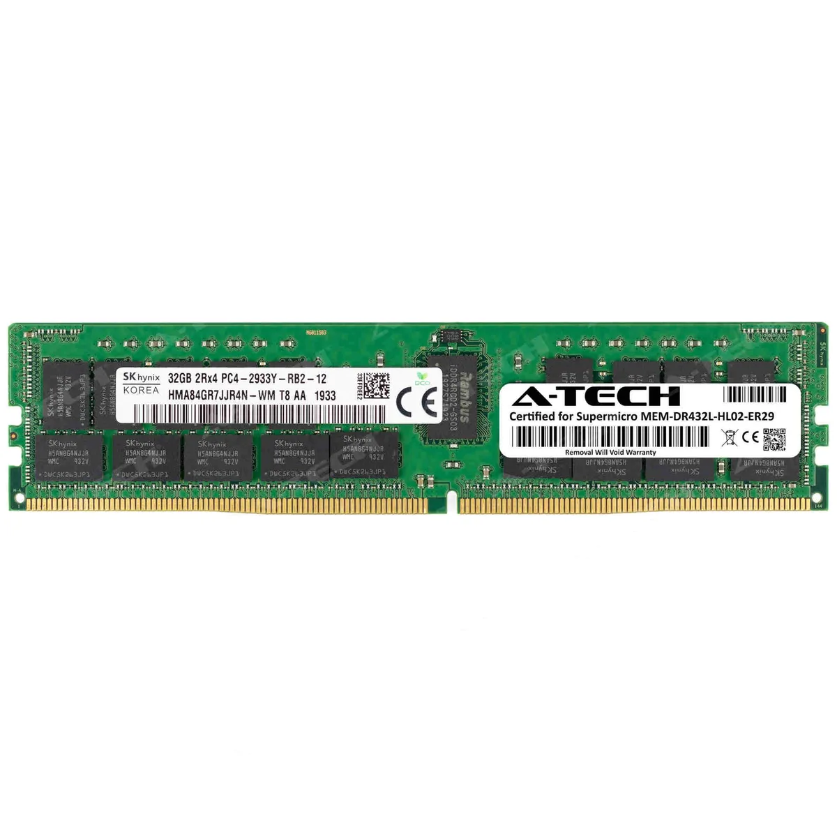 Green DDR4 RDIMM circuit board with black chips and gold contacts