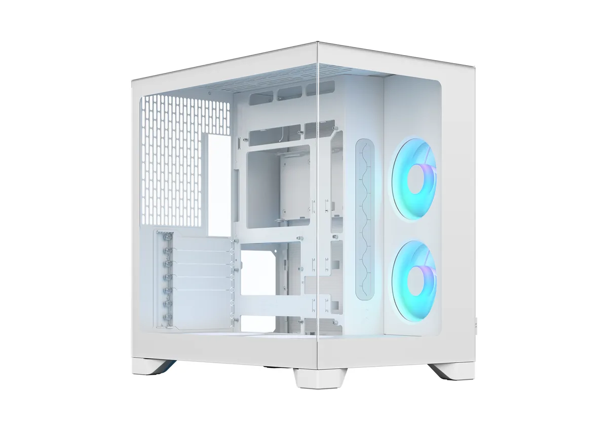 White dual-chamber ATX case with front and side glass panels, four 120 mm reverse-blade RGB fans included