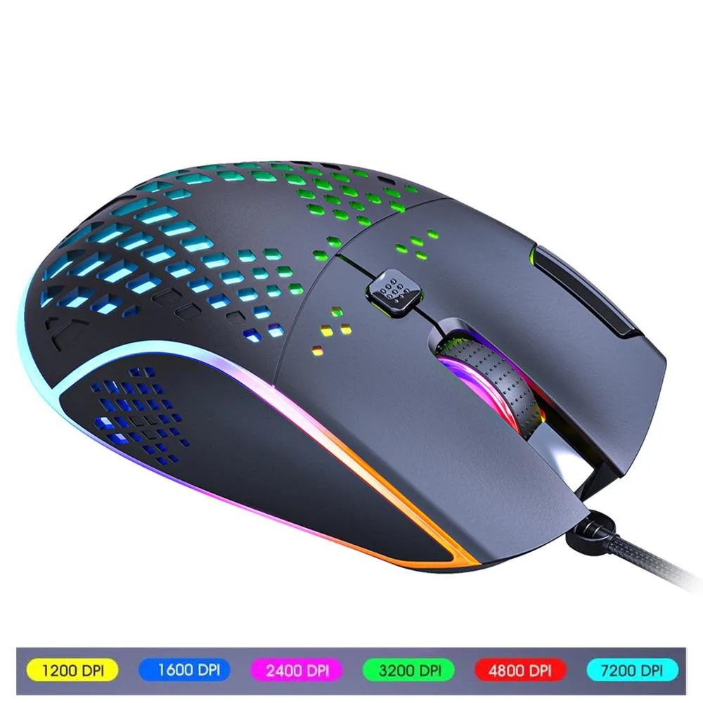 Black wired gaming mouse with honeycomb shell and RGB lighting