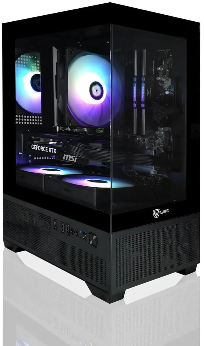 Black mid-tower desktop with front mesh panel and side window