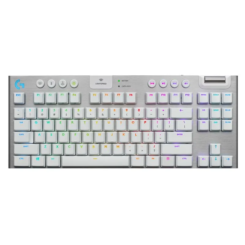 White ultra-thin mechanical gaming keyboard with brown tactile switches and RGB lighting