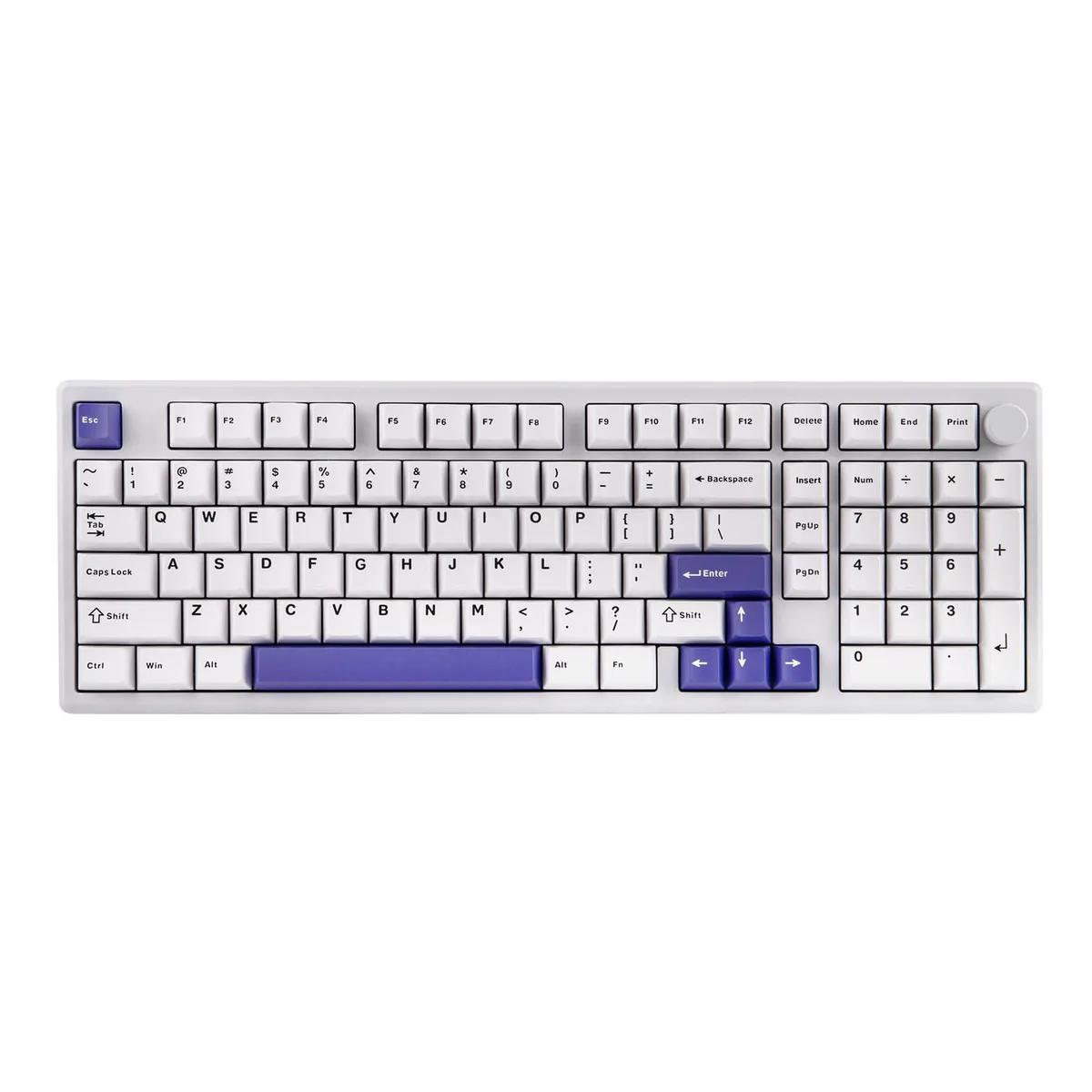 White and purple full-size aluminum mechanical keyboard with numpad and metal knob