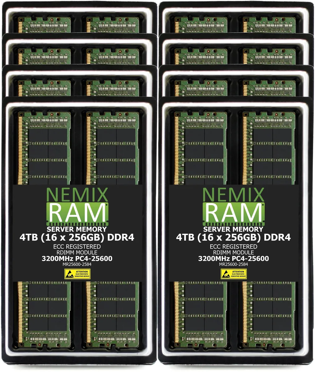 Sixteen green DDR4 ECC RDIMM sticks in a row