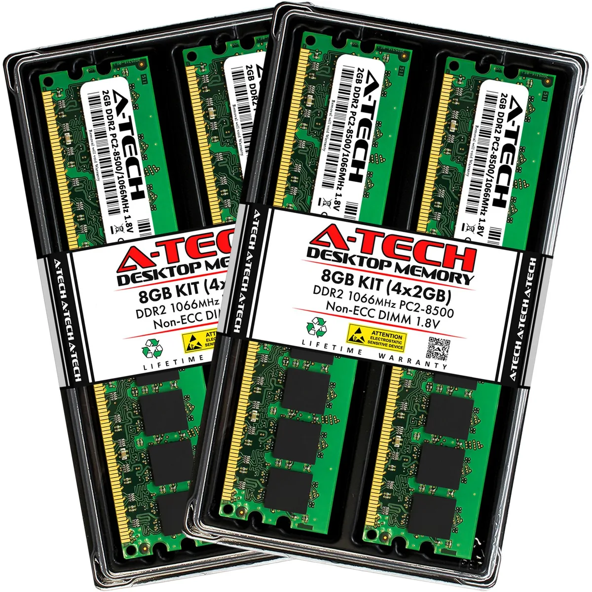 Four green 240-pin DDR2 DIMM modules in a row