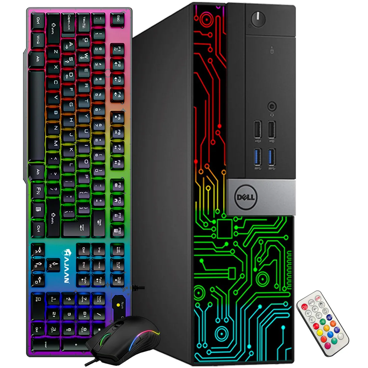 Black slim desktop tower with RGB front panel, wired gaming keyboard and mouse, USB WiFi adapter