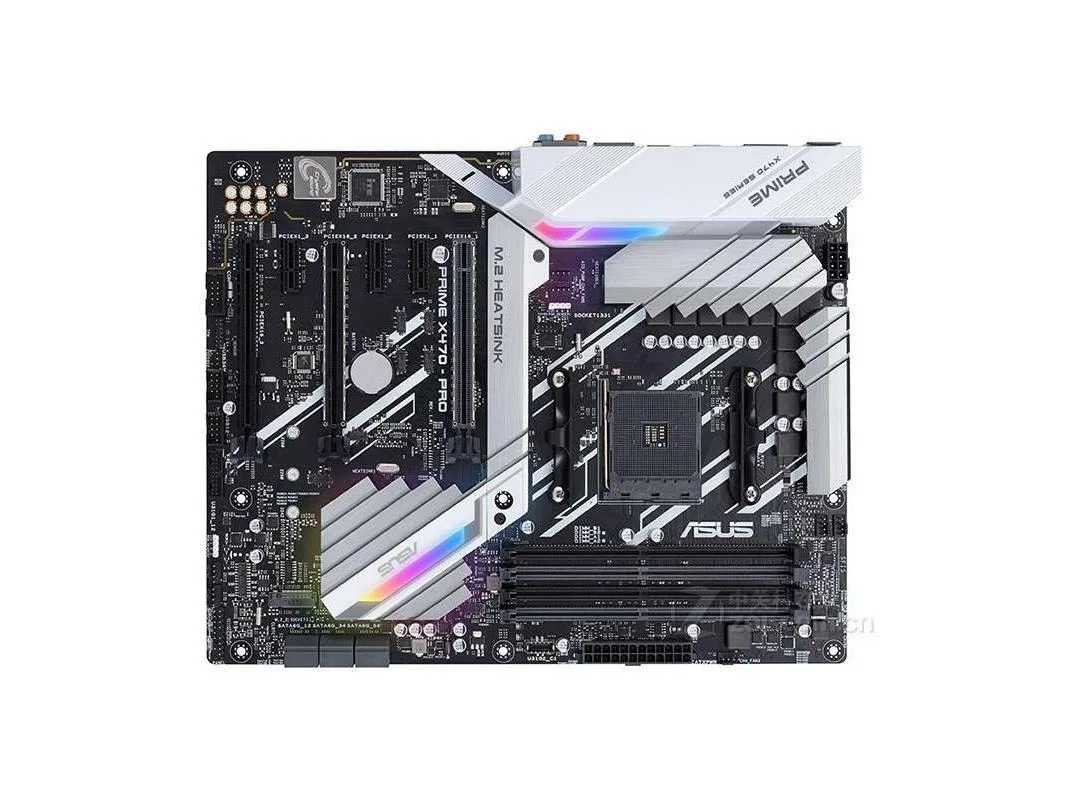 ATX motherboard with black PCB and silver heatsinks