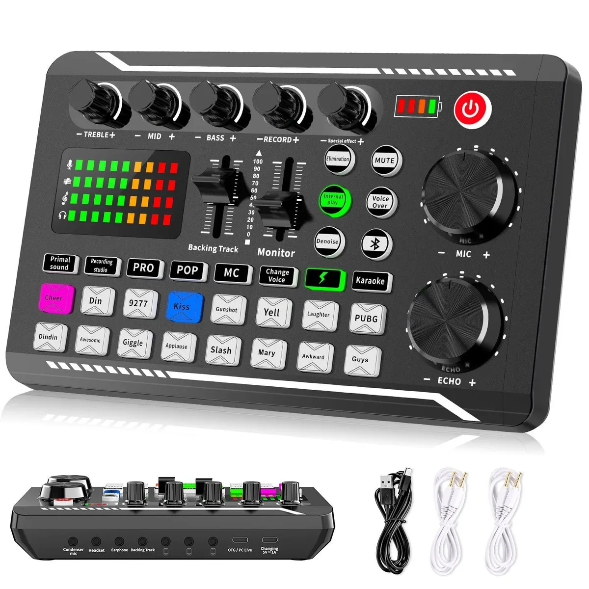 Compact black rectangular audio mixer with knobs and faders