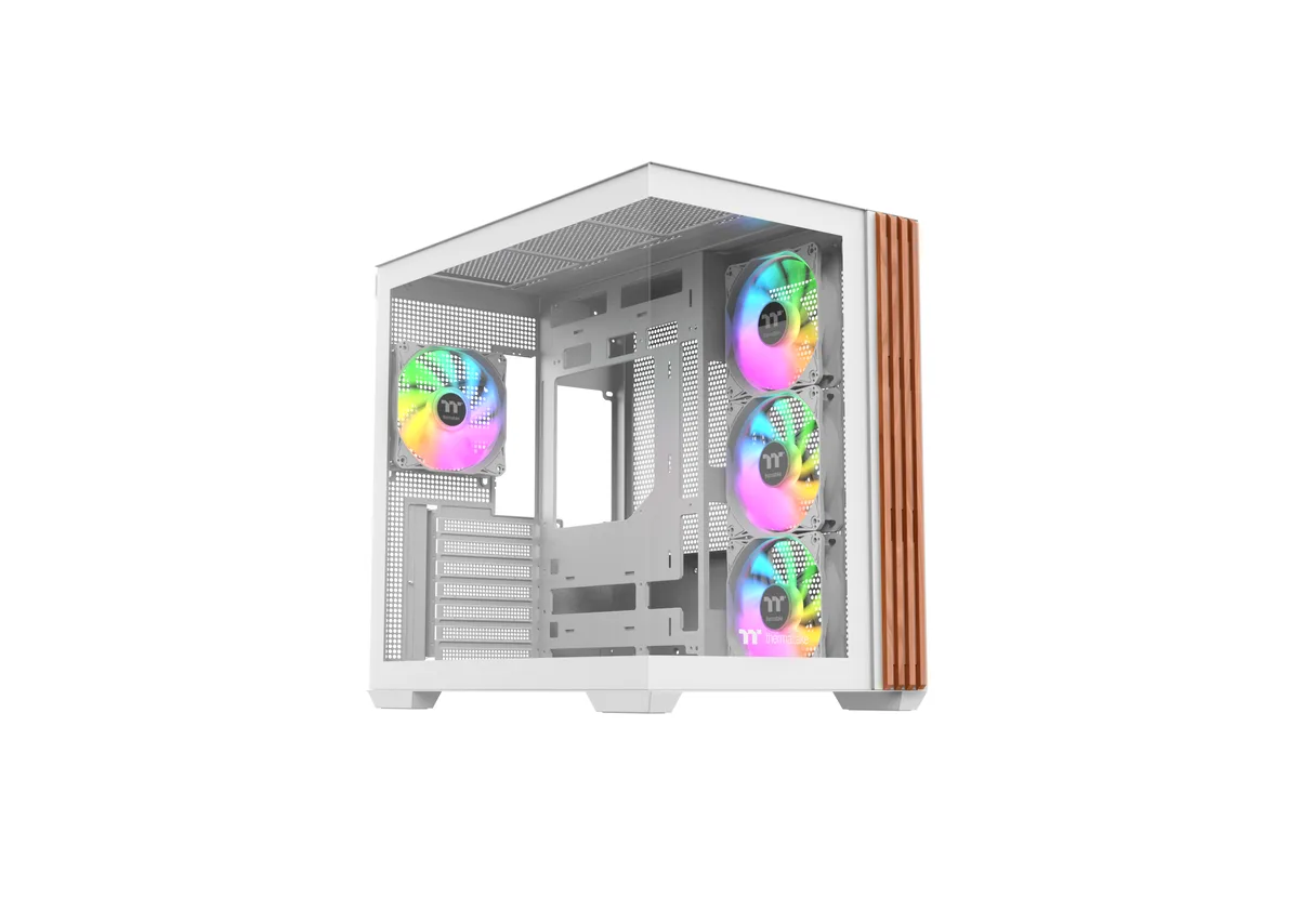 White mid-tower case with tempered glass sides, wood trim, four ARGB fans visible