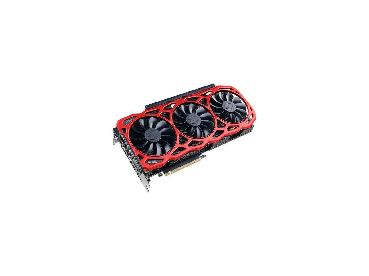 Full-length triple-fan graphics card in black and red with RGB lighting