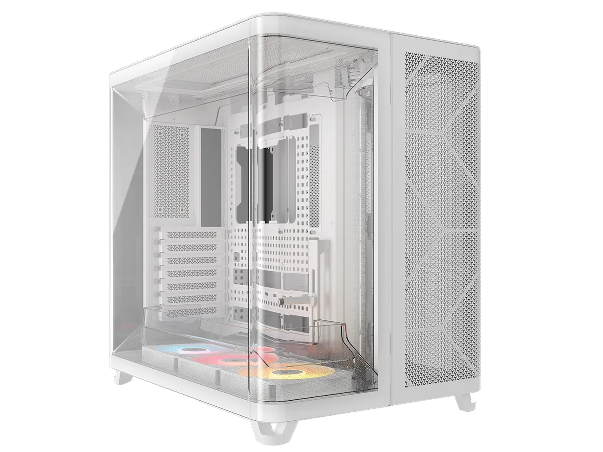 White mid-tower PC case with triple-chamber layout, wraparound tempered glass panels and three pre-installed 120mm reverse ARGB fans