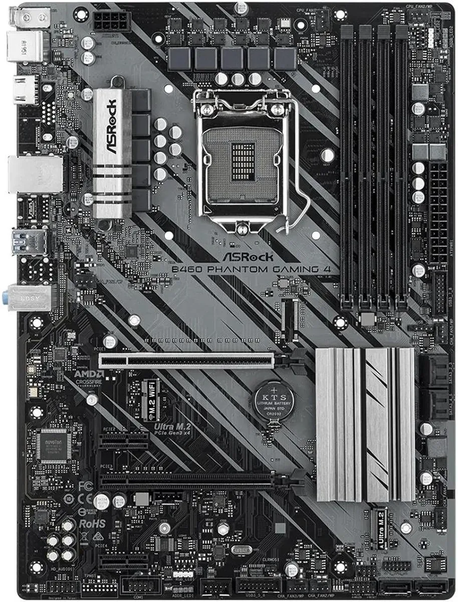 ATX motherboard in black and grey with silver heatsinks and four DDR4 slots