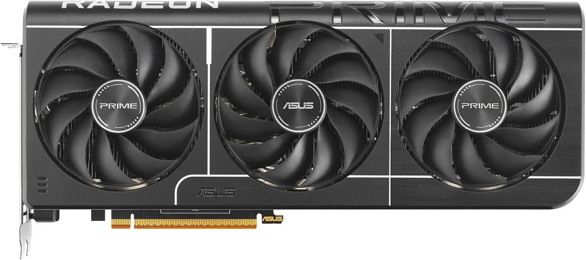 ASUS Prime Radeon RX 9070 XT graphics card with dual fans and metal backplate