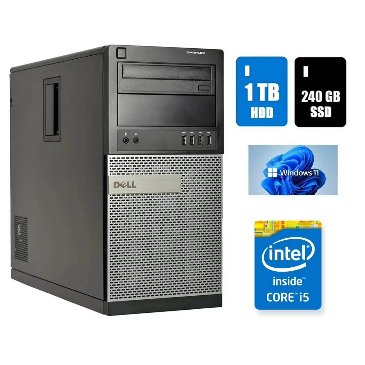 Black and silver mini-tower desktop with DVD drive and USB Wi-Fi adapter