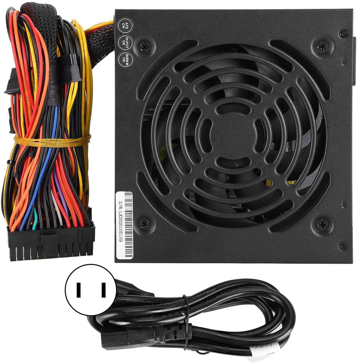 Rectangular metal ATX power supply unit in black finish with 12cm fan and 1.1m power cord attached