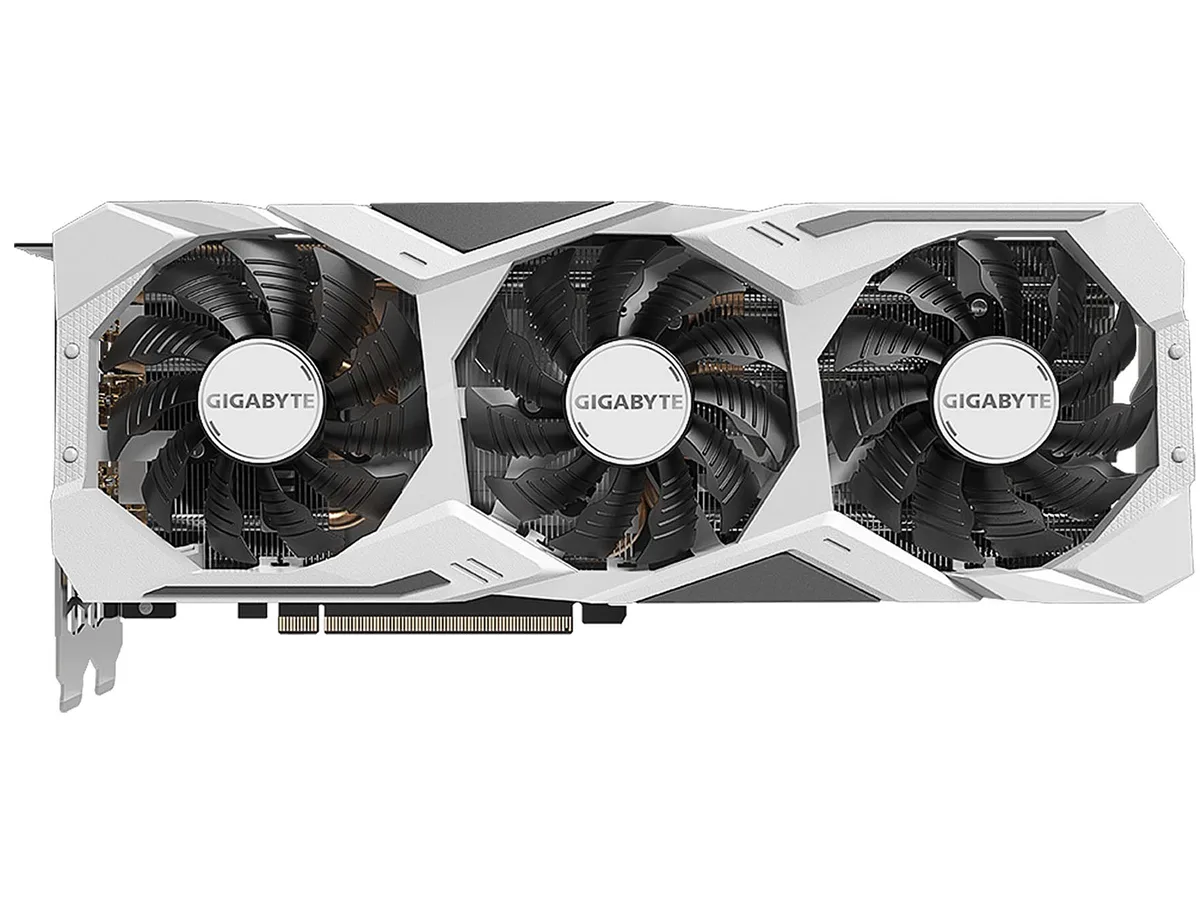White triple-fan graphics card with metal backplate