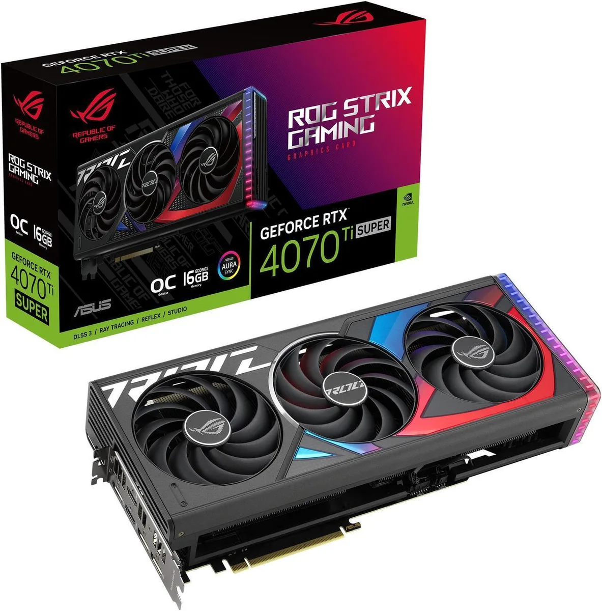 ASUS ROG Strix RTX 4070 Ti SUPER graphics card with three axial fans and vented metal backplate