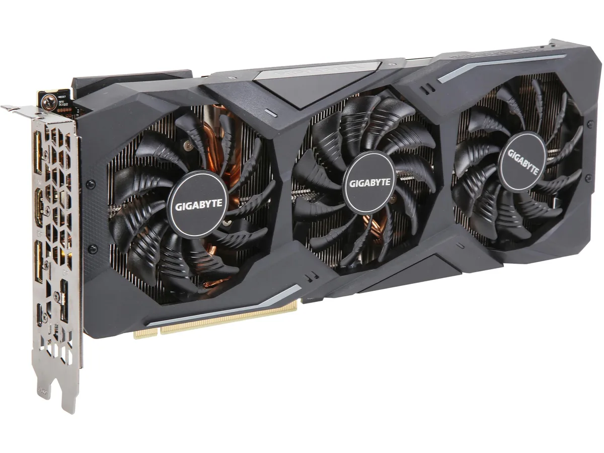 GIGABYTE GeForce RTX 2080 dual-slot graphics card with three axial fans in black and silver finish