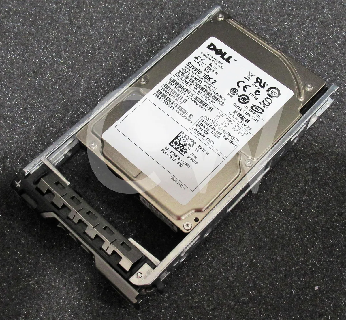 Silver 2.5 inch SAS hard drive mounted in black Dell R series caddy tray