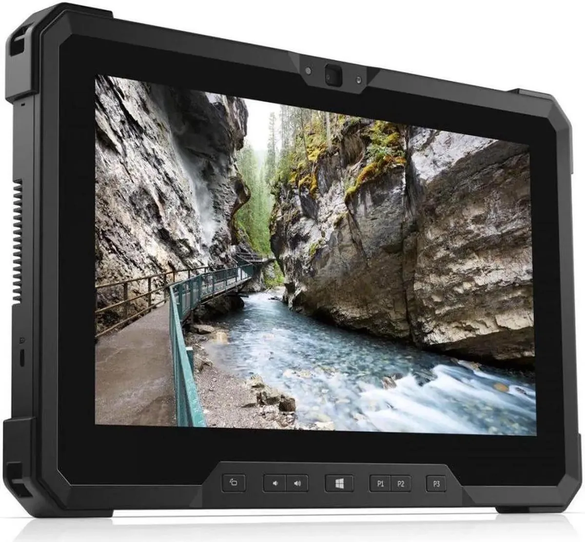 Rugged 11.6 inch tablet with thick black chassis, Gorilla Glass screen, stylus pen, rear camera and visible port covers