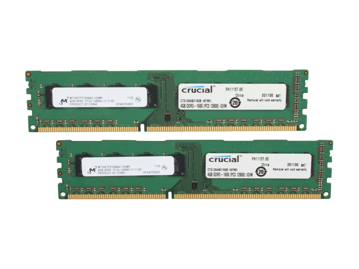 Two green DDR3L desktop memory modules, no heat spreader, gold contacts visible