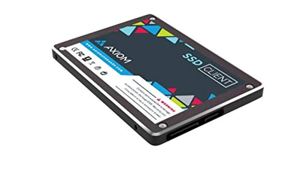 Rectangular 2.5 inch SSD with black metal casing and SATA connectors