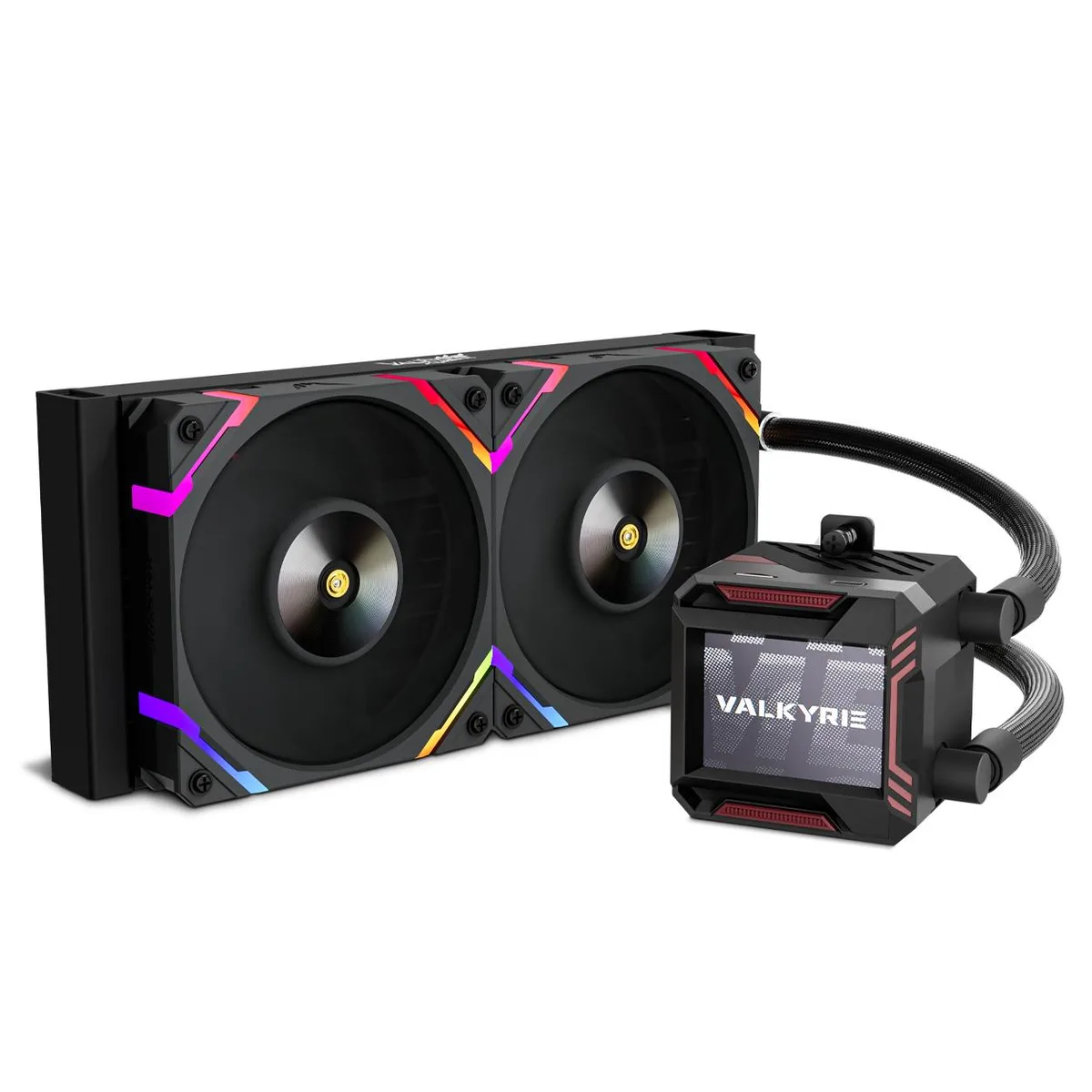 Black 240 mm AIO liquid cooler with 2.4 inch LCD screen and two 120 mm ARGB fans