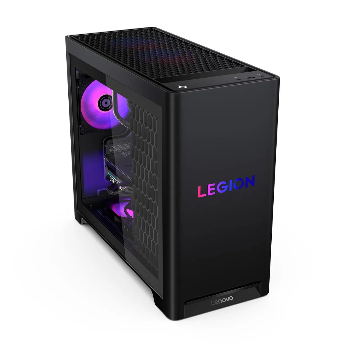 Black mid-tower gaming desktop with angular front panel and Legion branding