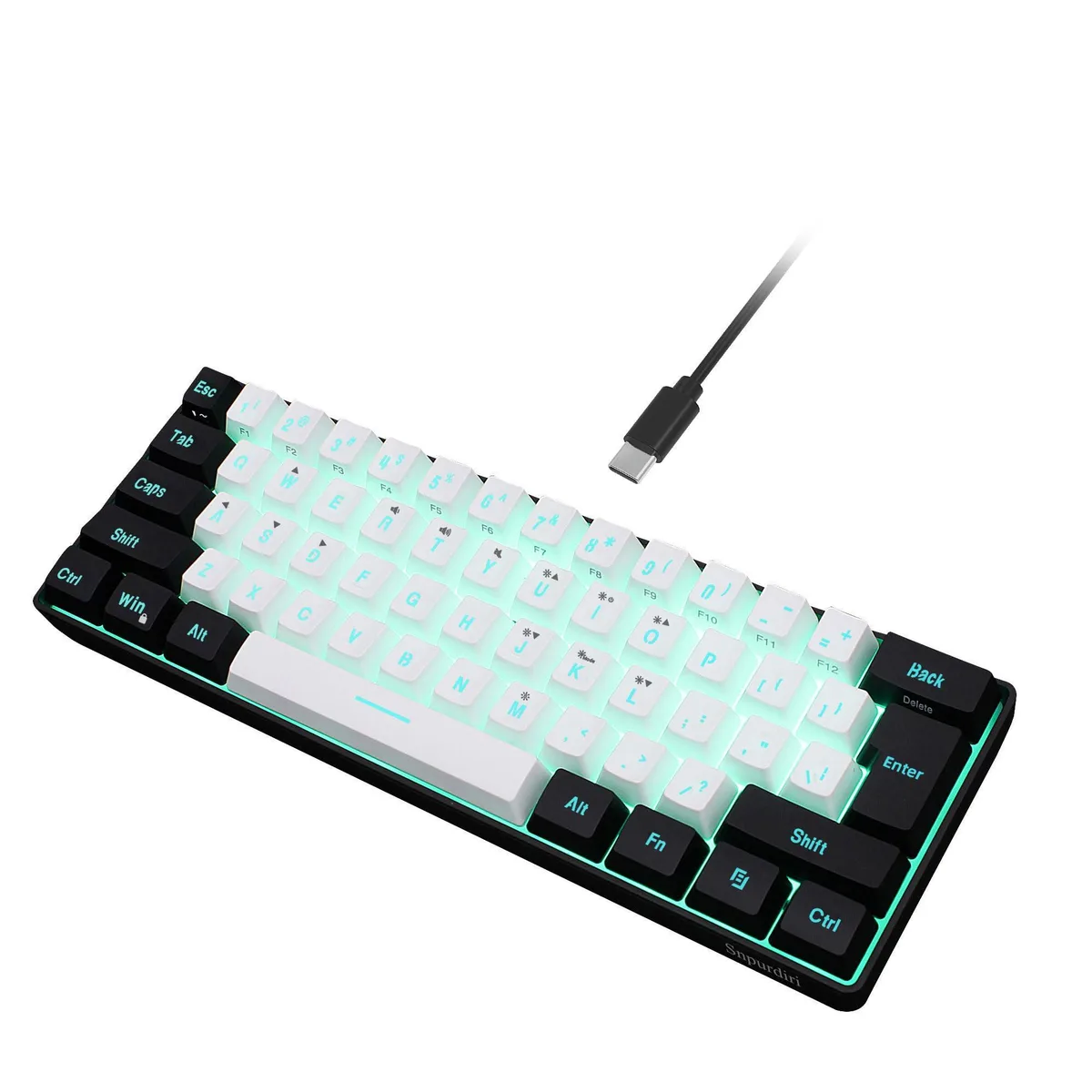Compact 61-key wired gaming keyboard in black and white with RGB backlighting and detachable USB-C cable