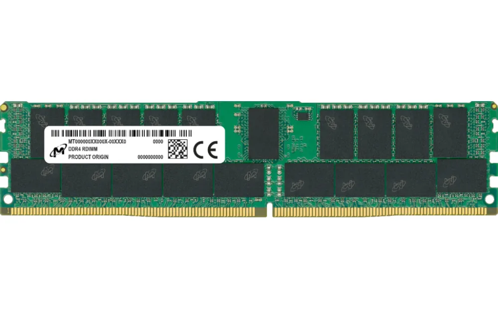 Green PCB memory module with black chips and gold contacts