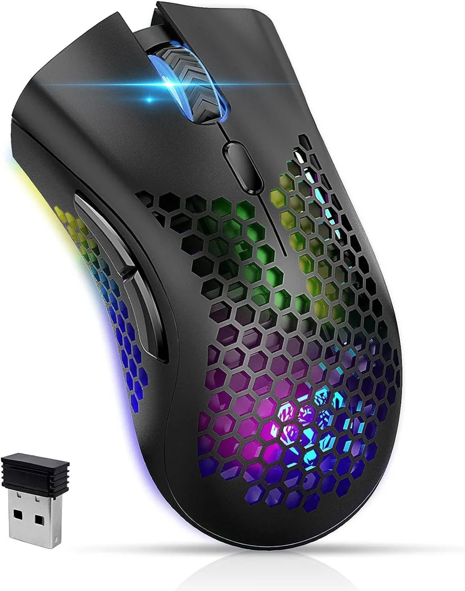 Black wireless gaming mouse with honeycomb shell and RGB lighting