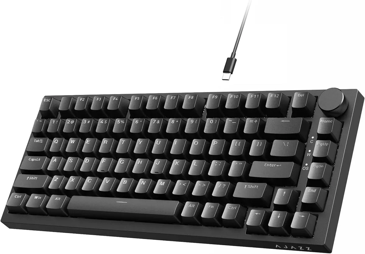 Black 75% gasket mechanical keyboard with metal knob and USB 2.0 pass-through