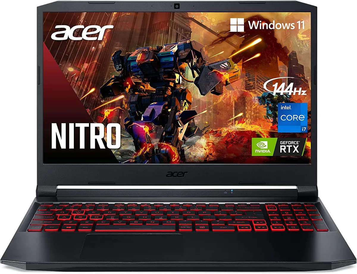 Black 15.6 inch Acer Nitro 5 gaming laptop with backlit keyboard