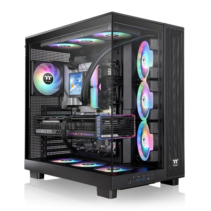 Black mid-tower case with tempered glass side panel and four ARGB fans visible