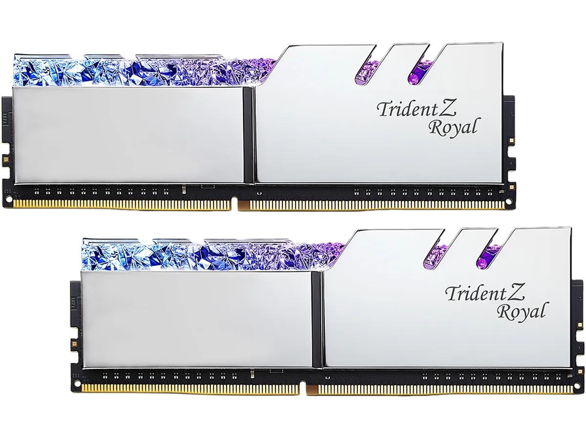 Two silver DDR4 modules with crystalline RGB light bars and mirrored aluminum heatspreaders